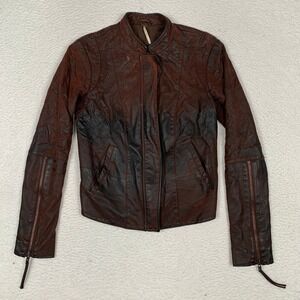 Free People Distressed Leather Moto Jacket Size 6 Burgundy Ombre Ribbed (TEARS)